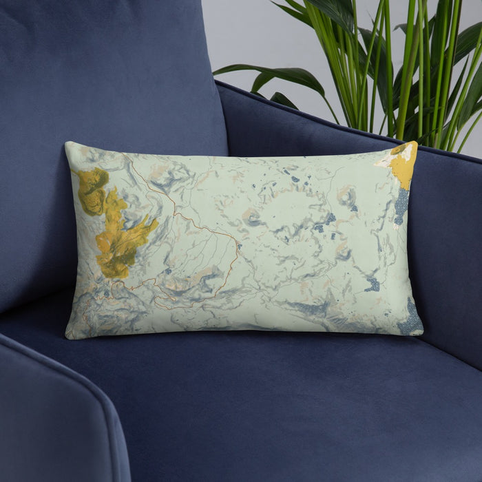 Custom Lassen Volcanic National Park Map Throw Pillow in Woodblock on Blue Colored Chair