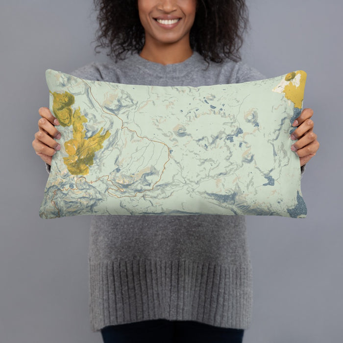 Person holding 20x12 Custom Lassen Volcanic National Park Map Throw Pillow in Woodblock