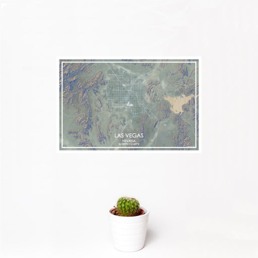 12x18 Las Vegas Nevada Map Print Landscape Orientation in Afternoon Style With Small Cactus Plant in White Planter