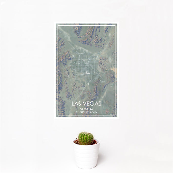 12x18 Las Vegas Nevada Map Print Portrait Orientation in Afternoon Style With Small Cactus Plant in White Planter