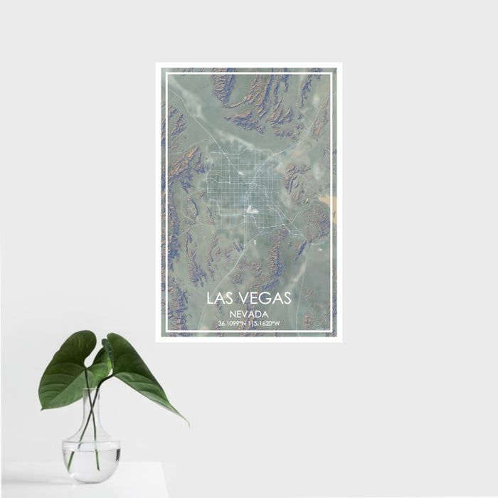 16x24 Las Vegas Nevada Map Print Portrait Orientation in Afternoon Style With Tropical Plant Leaves in Water