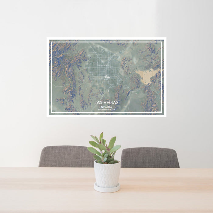 24x36 Las Vegas Nevada Map Print Lanscape Orientation in Afternoon Style Behind 2 Chairs Table and Potted Plant