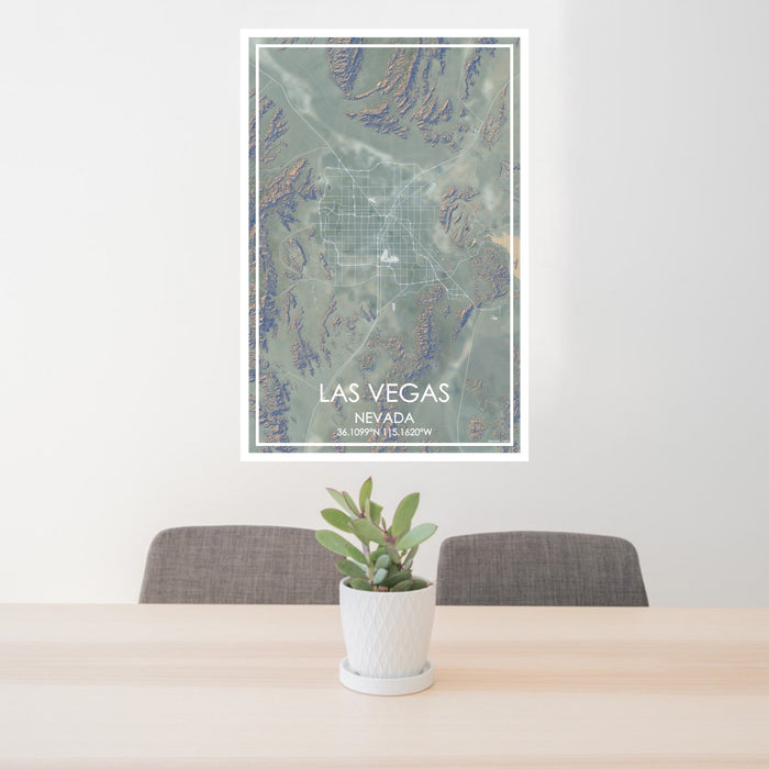 24x36 Las Vegas Nevada Map Print Portrait Orientation in Afternoon Style Behind 2 Chairs Table and Potted Plant