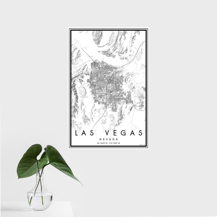 16x24 Las Vegas Nevada Map Print Portrait Orientation in Classic Style With Tropical Plant Leaves in Water