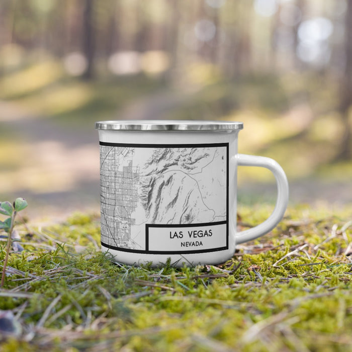 Right View Custom Las Vegas Nevada Map Enamel Mug in Classic on Grass With Trees in Background