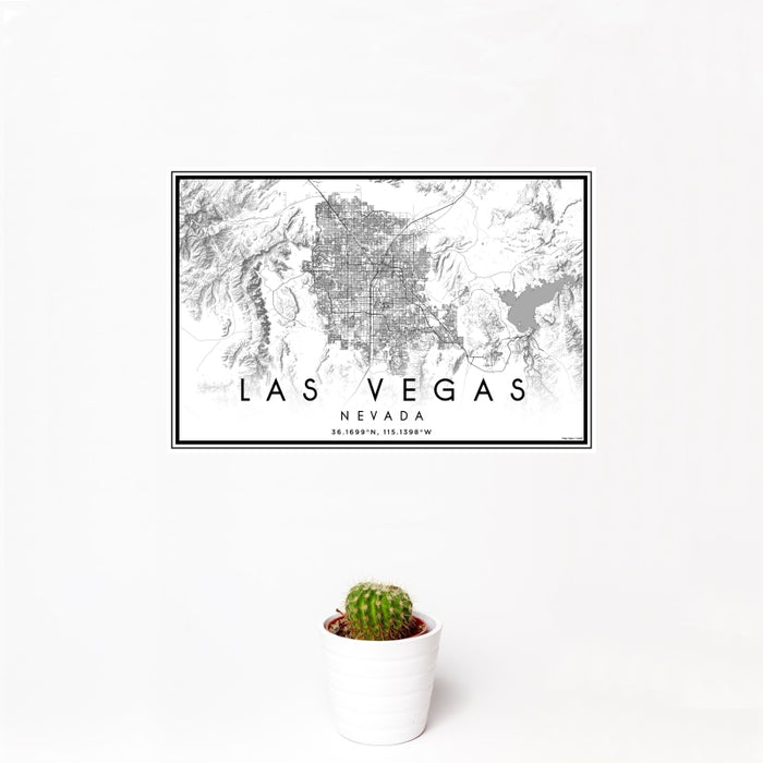 12x18 Las Vegas Nevada Map Print Landscape Orientation in Classic Style With Small Cactus Plant in White Planter