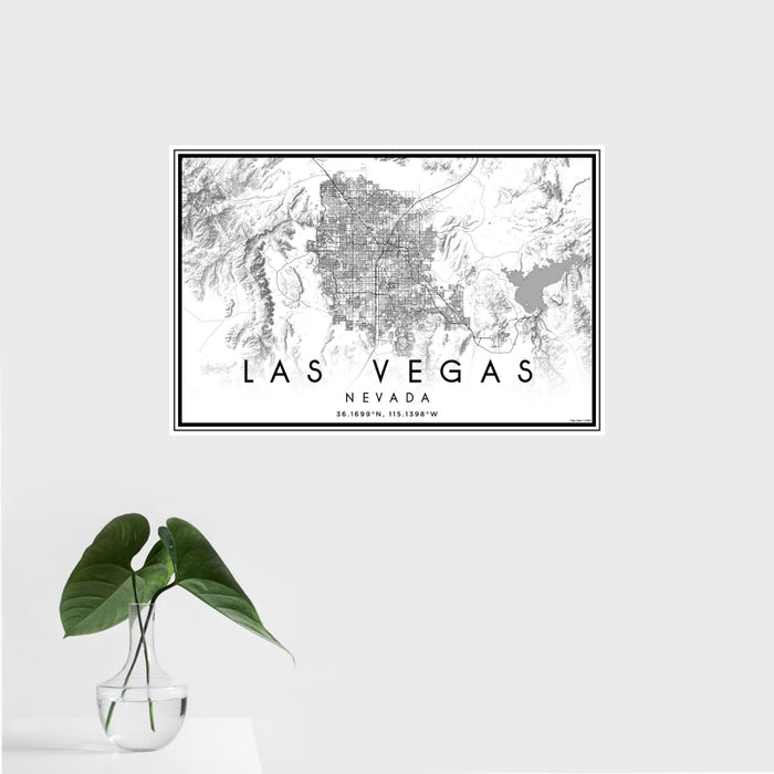 16x24 Las Vegas Nevada Map Print Landscape Orientation in Classic Style With Tropical Plant Leaves in Water