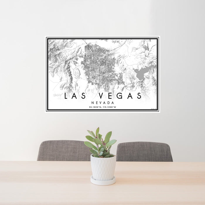 24x36 Las Vegas Nevada Map Print Landscape Orientation in Classic Style Behind 2 Chairs Table and Potted Plant