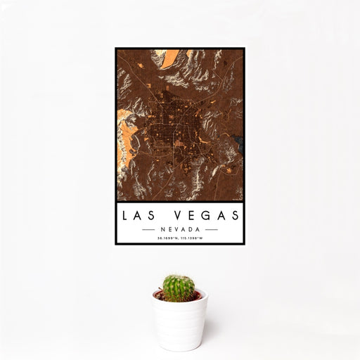 12x18 Las Vegas Nevada Map Print Portrait Orientation in Ember Style With Small Cactus Plant in White Planter