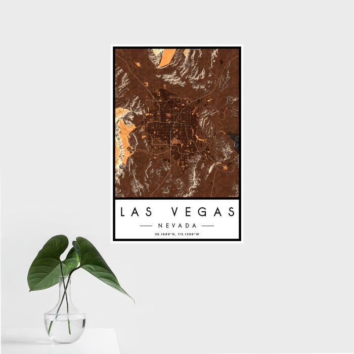 16x24 Las Vegas Nevada Map Print Portrait Orientation in Ember Style With Tropical Plant Leaves in Water