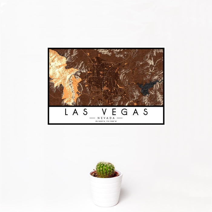 12x18 Las Vegas Nevada Map Print Landscape Orientation in Ember Style With Small Cactus Plant in White Planter