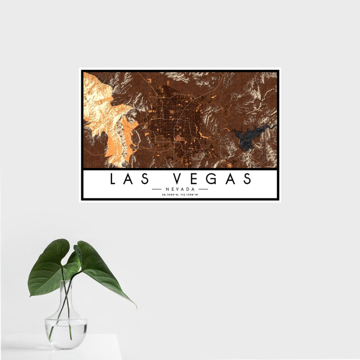 16x24 Las Vegas Nevada Map Print Landscape Orientation in Ember Style With Tropical Plant Leaves in Water