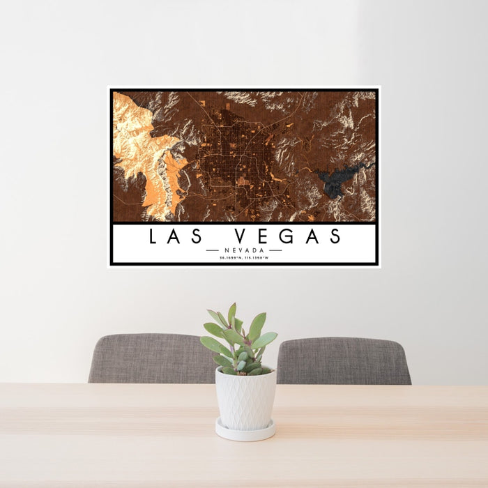 24x36 Las Vegas Nevada Map Print Landscape Orientation in Ember Style Behind 2 Chairs Table and Potted Plant