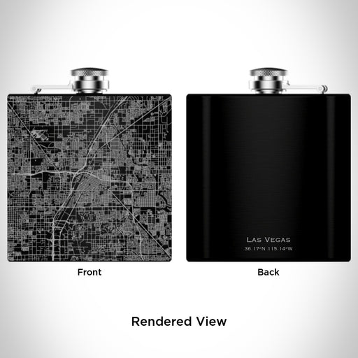 Rendered View of Las Vegas Nevada Map Engraving on 6oz Stainless Steel Flask in Black