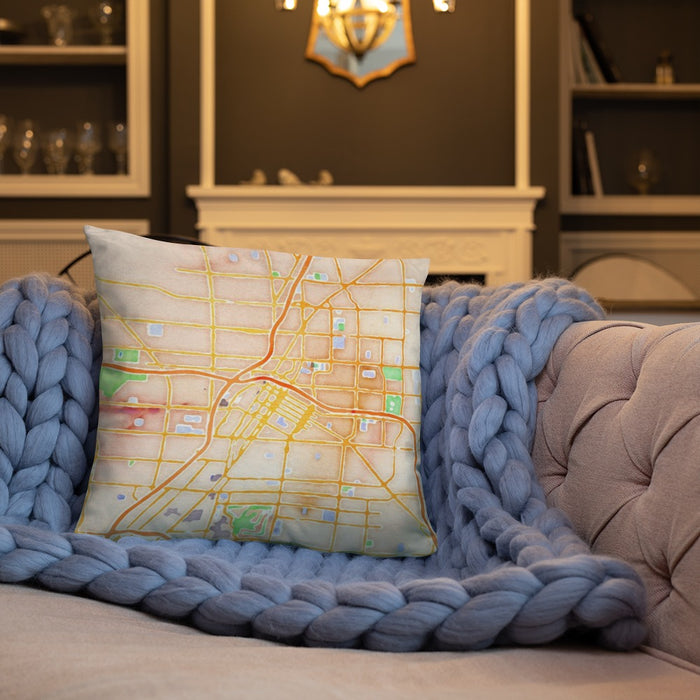 Custom Las Vegas Nevada Map Throw Pillow in Watercolor on Cream Colored Couch