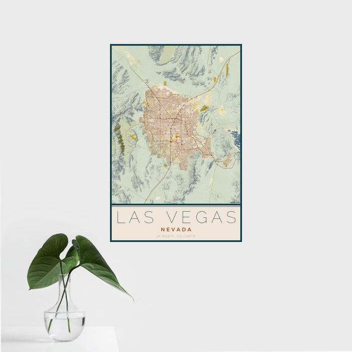 16x24 Las Vegas Nevada Map Print Portrait Orientation in Woodblock Style With Tropical Plant Leaves in Water