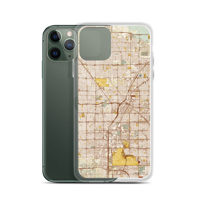 Custom Las Vegas Nevada Map Phone Case in Woodblock on Table with Laptop and Plant