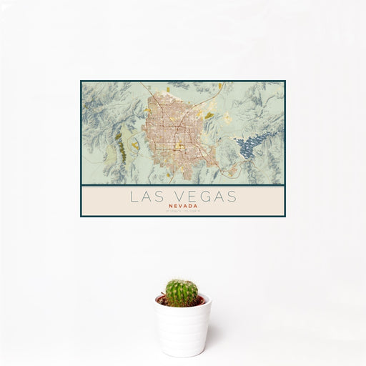 12x18 Las Vegas Nevada Map Print Landscape Orientation in Woodblock Style With Small Cactus Plant in White Planter