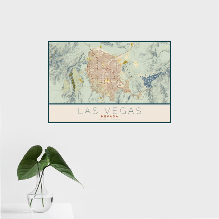 16x24 Las Vegas Nevada Map Print Landscape Orientation in Woodblock Style With Tropical Plant Leaves in Water