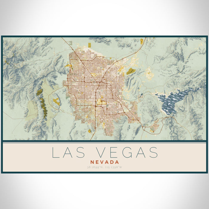 Las Vegas Nevada Map Print Landscape Orientation in Woodblock Style With Shaded Background