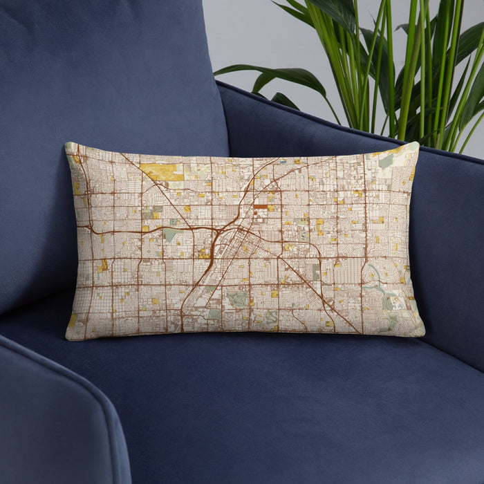 Custom Las Vegas Nevada Map Throw Pillow in Woodblock on Blue Colored Chair