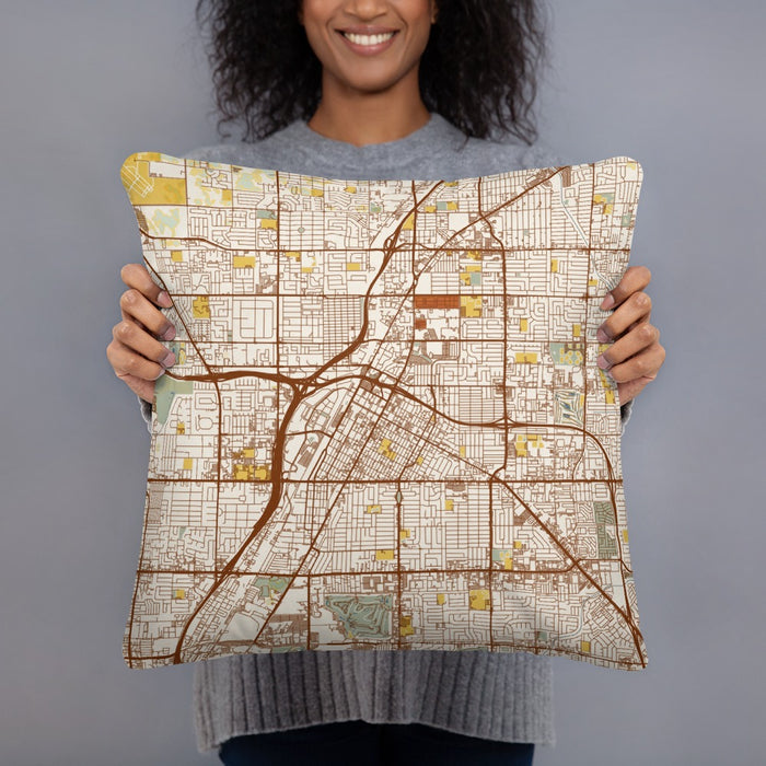 Person holding 18x18 Custom Las Vegas Nevada Map Throw Pillow in Woodblock