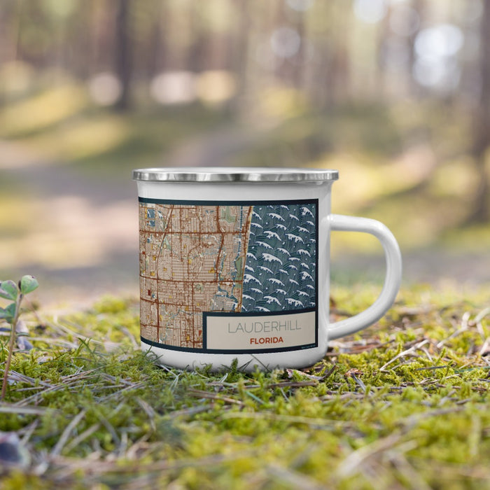 Right View Custom Lauderhill Florida Map Enamel Mug in Woodblock on Grass With Trees in Background