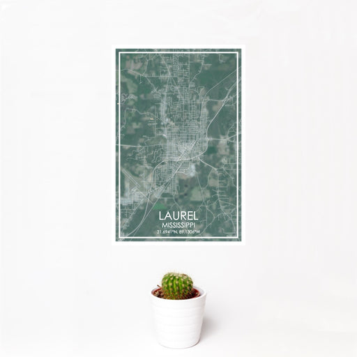 12x18 Laurel Mississippi Map Print Portrait Orientation in Afternoon Style With Small Cactus Plant in White Planter
