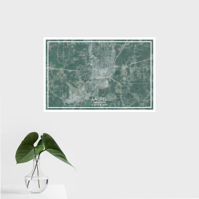 16x24 Laurel Mississippi Map Print Landscape Orientation in Afternoon Style With Tropical Plant Leaves in Water