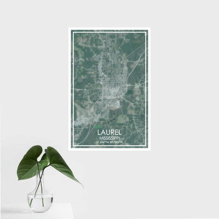 16x24 Laurel Mississippi Map Print Portrait Orientation in Afternoon Style With Tropical Plant Leaves in Water