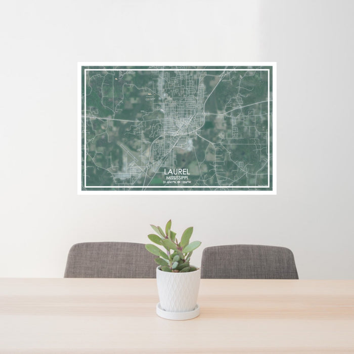 24x36 Laurel Mississippi Map Print Lanscape Orientation in Afternoon Style Behind 2 Chairs Table and Potted Plant
