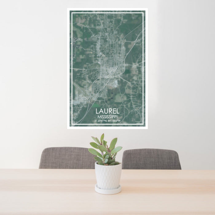 24x36 Laurel Mississippi Map Print Portrait Orientation in Afternoon Style Behind 2 Chairs Table and Potted Plant