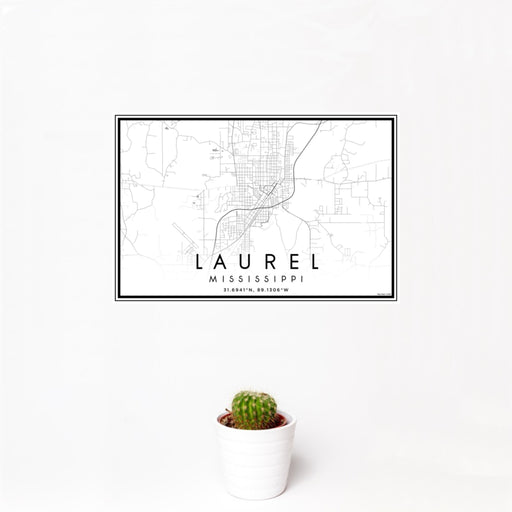 12x18 Laurel Mississippi Map Print Landscape Orientation in Classic Style With Small Cactus Plant in White Planter