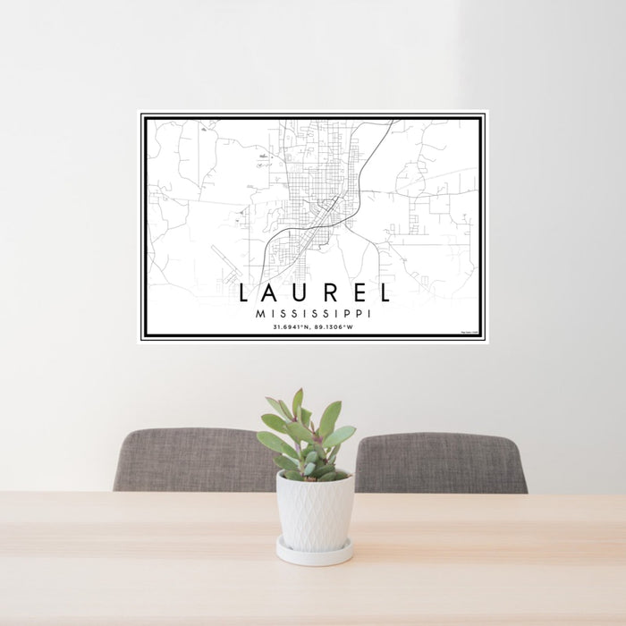24x36 Laurel Mississippi Map Print Landscape Orientation in Classic Style Behind 2 Chairs Table and Potted Plant