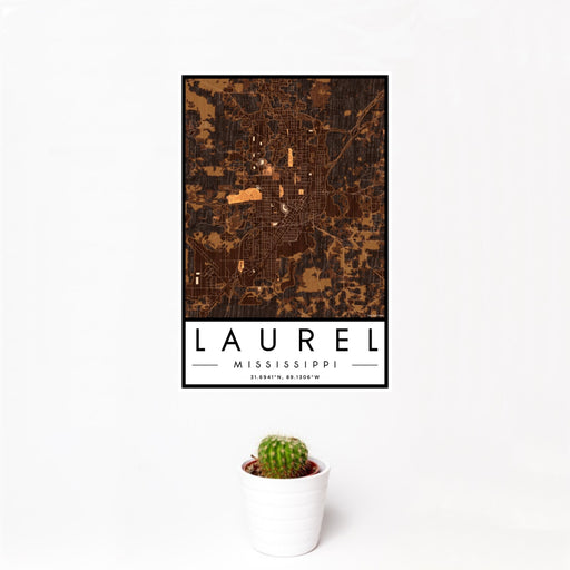 12x18 Laurel Mississippi Map Print Portrait Orientation in Ember Style With Small Cactus Plant in White Planter