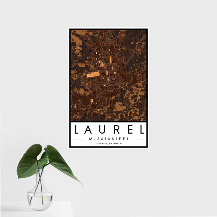16x24 Laurel Mississippi Map Print Portrait Orientation in Ember Style With Tropical Plant Leaves in Water