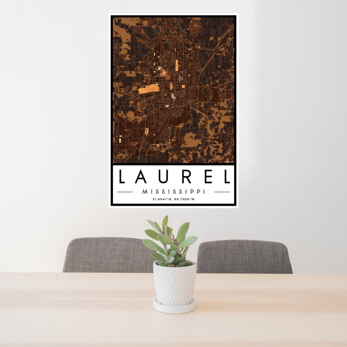 24x36 Laurel Mississippi Map Print Portrait Orientation in Ember Style Behind 2 Chairs Table and Potted Plant