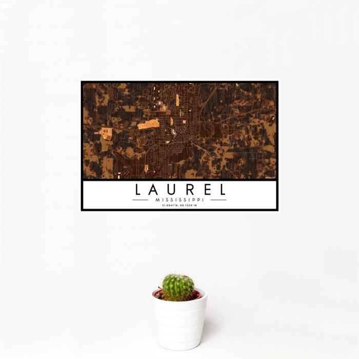12x18 Laurel Mississippi Map Print Landscape Orientation in Ember Style With Small Cactus Plant in White Planter