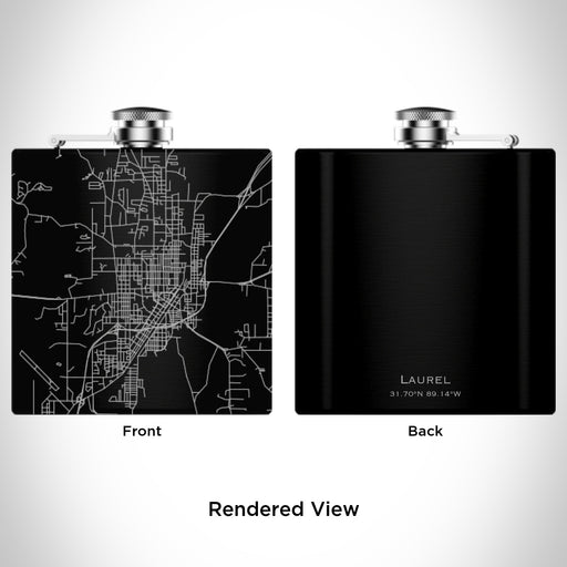 Rendered View of Laurel Mississippi Map Engraving on 6oz Stainless Steel Flask in Black