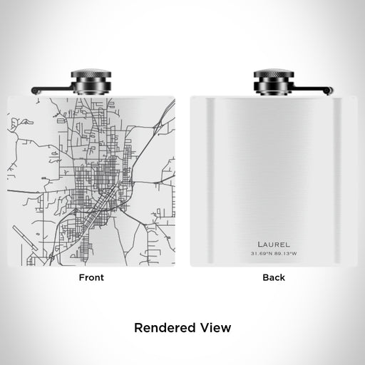 Rendered View of Laurel Mississippi Map Engraving on 6oz Stainless Steel Flask in White