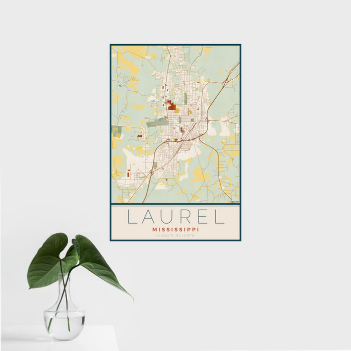 16x24 Laurel Mississippi Map Print Portrait Orientation in Woodblock Style With Tropical Plant Leaves in Water