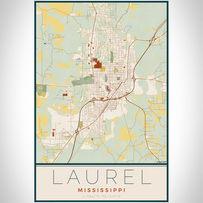 Laurel Mississippi Map Print Portrait Orientation in Woodblock Style With Shaded Background