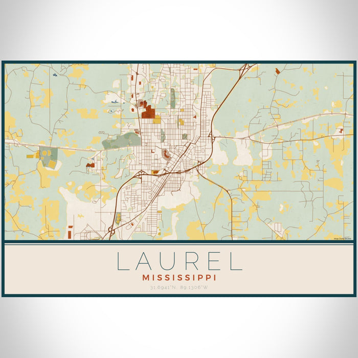 Laurel Mississippi Map Print Landscape Orientation in Woodblock Style With Shaded Background