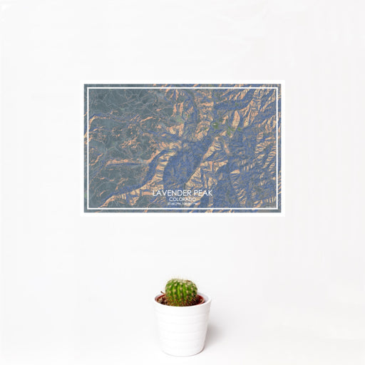 12x18 Lavender Peak Colorado Map Print Landscape Orientation in Afternoon Style With Small Cactus Plant in White Planter