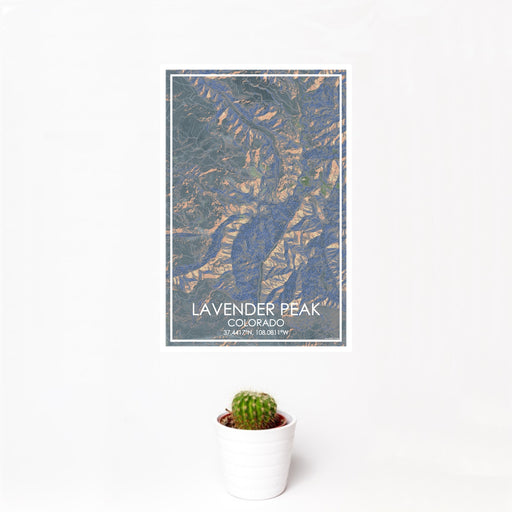 12x18 Lavender Peak Colorado Map Print Portrait Orientation in Afternoon Style With Small Cactus Plant in White Planter