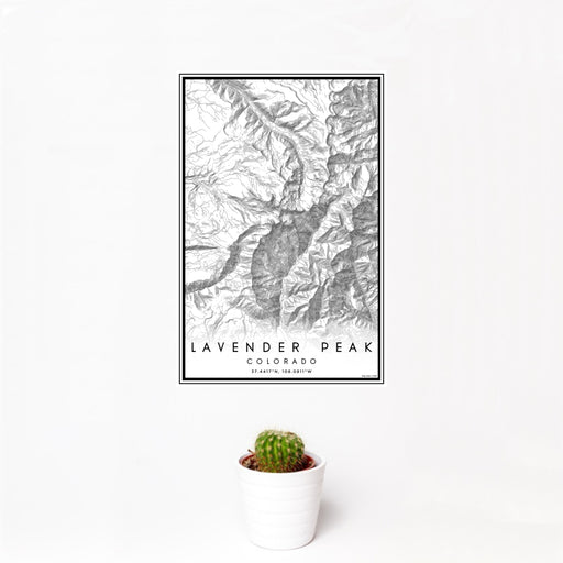 12x18 Lavender Peak Colorado Map Print Portrait Orientation in Classic Style With Small Cactus Plant in White Planter
