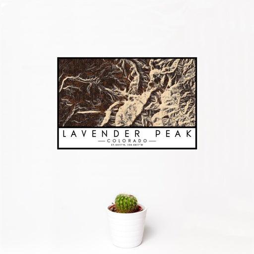 12x18 Lavender Peak Colorado Map Print Landscape Orientation in Ember Style With Small Cactus Plant in White Planter