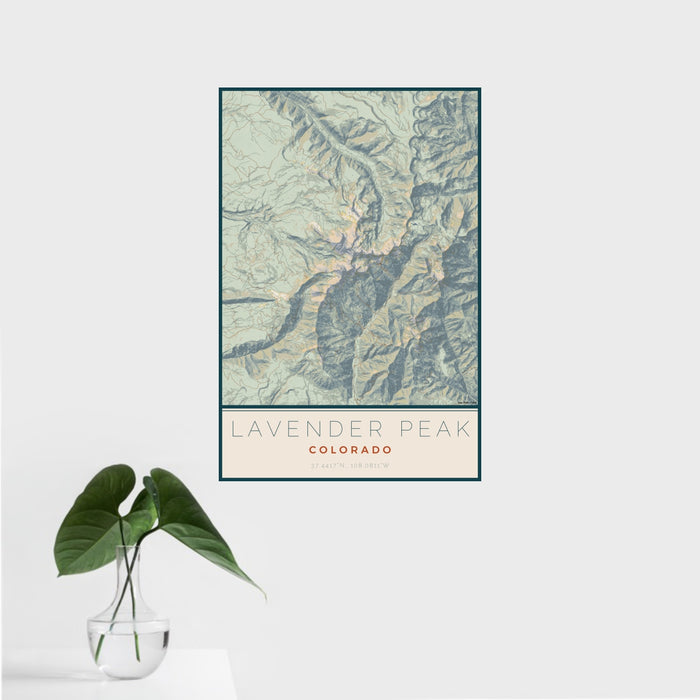 16x24 Lavender Peak Colorado Map Print Portrait Orientation in Woodblock Style With Tropical Plant Leaves in Water