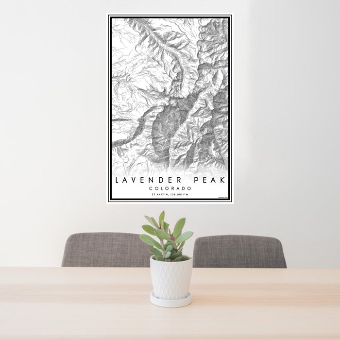 24x36 Lavender Peak Colorado Map Print Portrait Orientation in Classic Style Behind 2 Chairs Table and Potted Plant