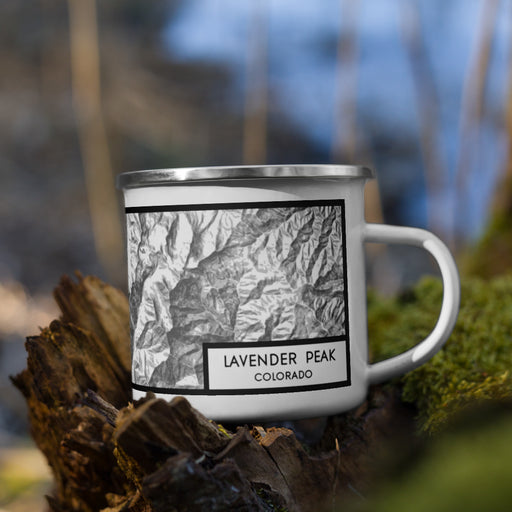 Right View Custom Lavender Peak Colorado Map Enamel Mug in Classic on Grass With Trees in Background